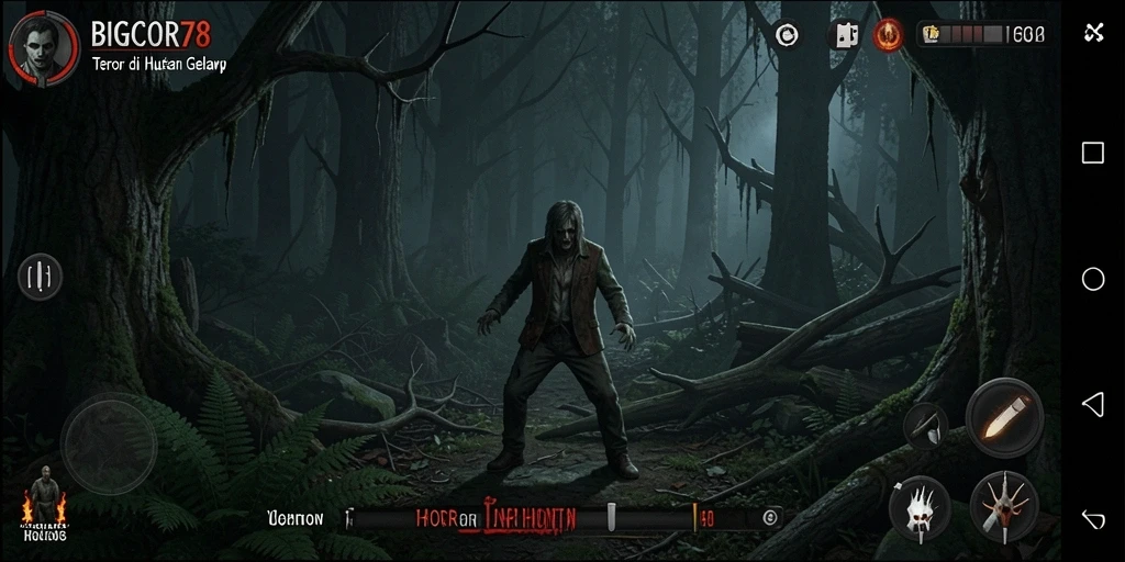 Antarmuka permainan Horor Hutan yang menegangkan dan misterius.