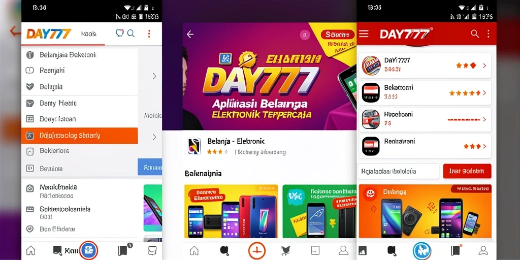Tampilan antarmuka aplikasi DAY777 untuk belanja elektronik yang modern.