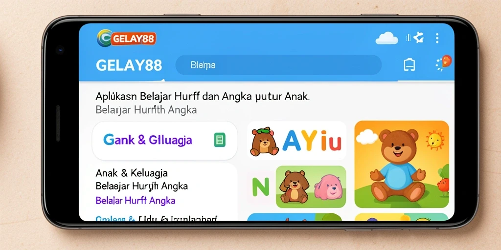Antarmuka aplikasi GELAY88 menampilkan berbagai huruf dan angka dengan warna cerah.